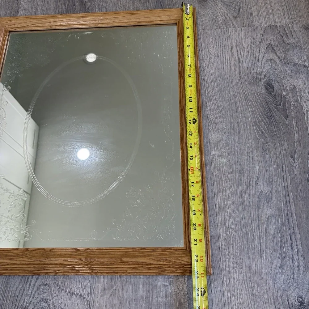 Vintage Etched Mirror Oak Frame Rectangle art wall Cottage granny core 23